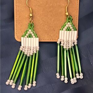 Green and White Beaded Earrings